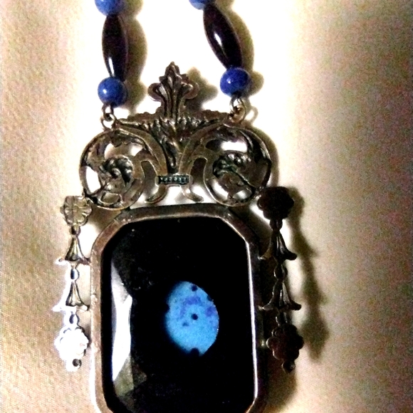 VINTAGE 1920'S TURQUOISE & ONYX  VINTAGE SILVER METAL NECKLACE, CARVED GLASS. - Picture 3 of 7